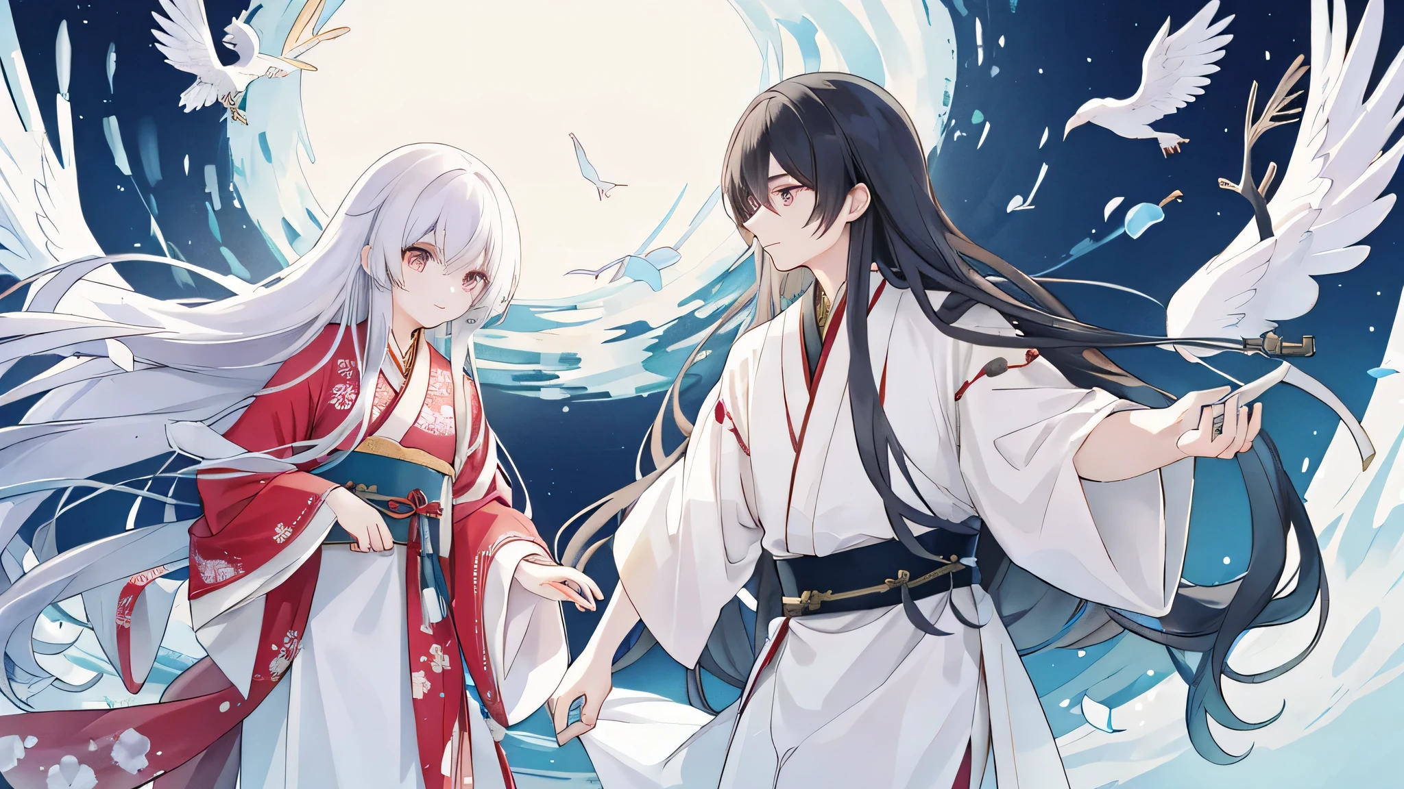 Two oriental men in gorgeous Hanfu,Long hair flying,Immortal's Appearance,Full body medium shot,Staring at each other firmly,Ethereal beauty,Heavenly Wonderland,The palace gardens shrouded in mist,Soft lighting,Exquisite details。 Traditional Chinese illustration style, The art of math, Dreamy background, masterpiece, best quality, Extremely detailed, high quality, 4K