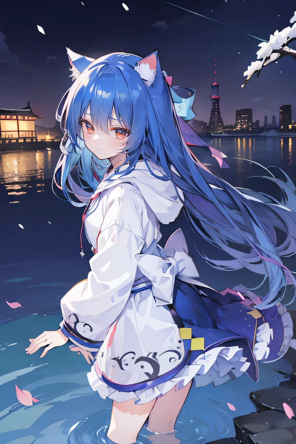 (masterpiece:1.2),Super detailed,lifelike,Expressive eyes,fair skin,perfect face shape,1 girl,
Japanese comics,Gorgeous blue hair,flowing blue hair,flowing clothes,Cat ears,Petals fall,beautiful lola,Baby Angel,
Shaking head with one hand,Cross your legs,Gentle and peaceful background,The pavilion is cool and comfortable,smile, wearing hoodie, background of tokyo,back views,snowing, winter,Lie on the water。