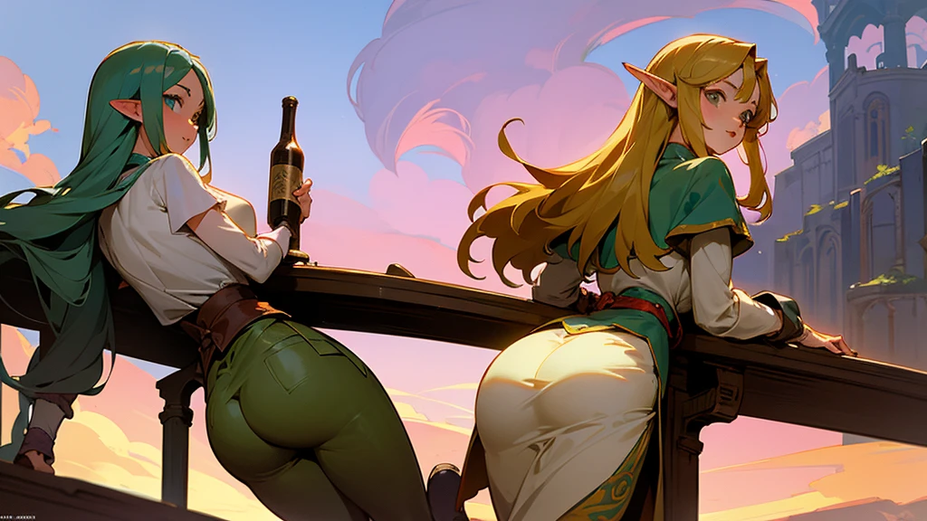 Anime Style,Nostalgic,Detailed background,The medieval world,A lively bar with lots of people,Beautiful sky,A beautiful bard elf girl looking back at me,big buttocks sticking out,I can see the distant scenery