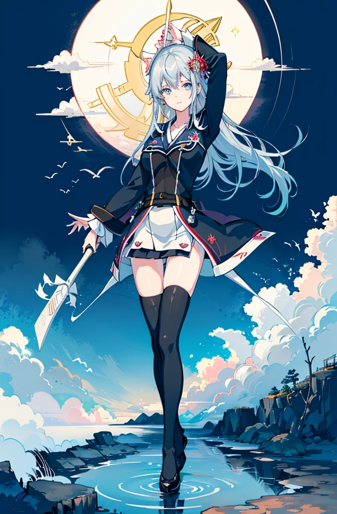 1girl,  solo, outdoors, long hair, holy place, Original,(Illustration:1.1),(Best Quality),(masutepiece:1.1),(the Extremely Detailed CG Unity 8K Wallpapers:1.1), (Colorful:0.9),(mid-shot:0.95),(extremely detailed beautiful face),(Solo:1.2), (girl),(((Lori))), (Detailed beautiful eyes:1.15), (Beautiful face:1.15), (Glowing blue eyes:1.25////),(((sky blue Long Hair))),(two side up),(+perfect hand+:1.21),(Draw illustration of Japan priestess costume),(slender),(White pleated skirt),(Gothic),((black thighhighs)),(frilld),(Beautiful Slender Lolita Girl),hallowween,standing, girl,10 years old,  girl,foggy place,vampire,sky blue hair,((full body,whole body)),((black thighhighs)),((black thighhighs)),((white japan priestess costume)),((white japan priestess costume)),((white japan priestess costume)),