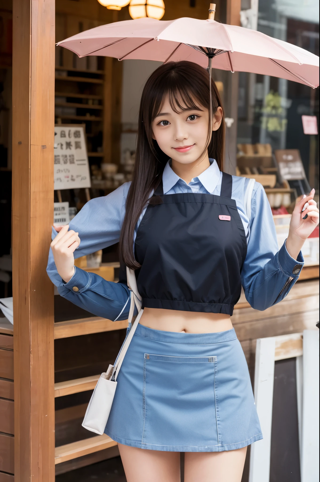 21 years old girl (Japanese cute face) wearing mini skirt and apron and working at umbrella shop