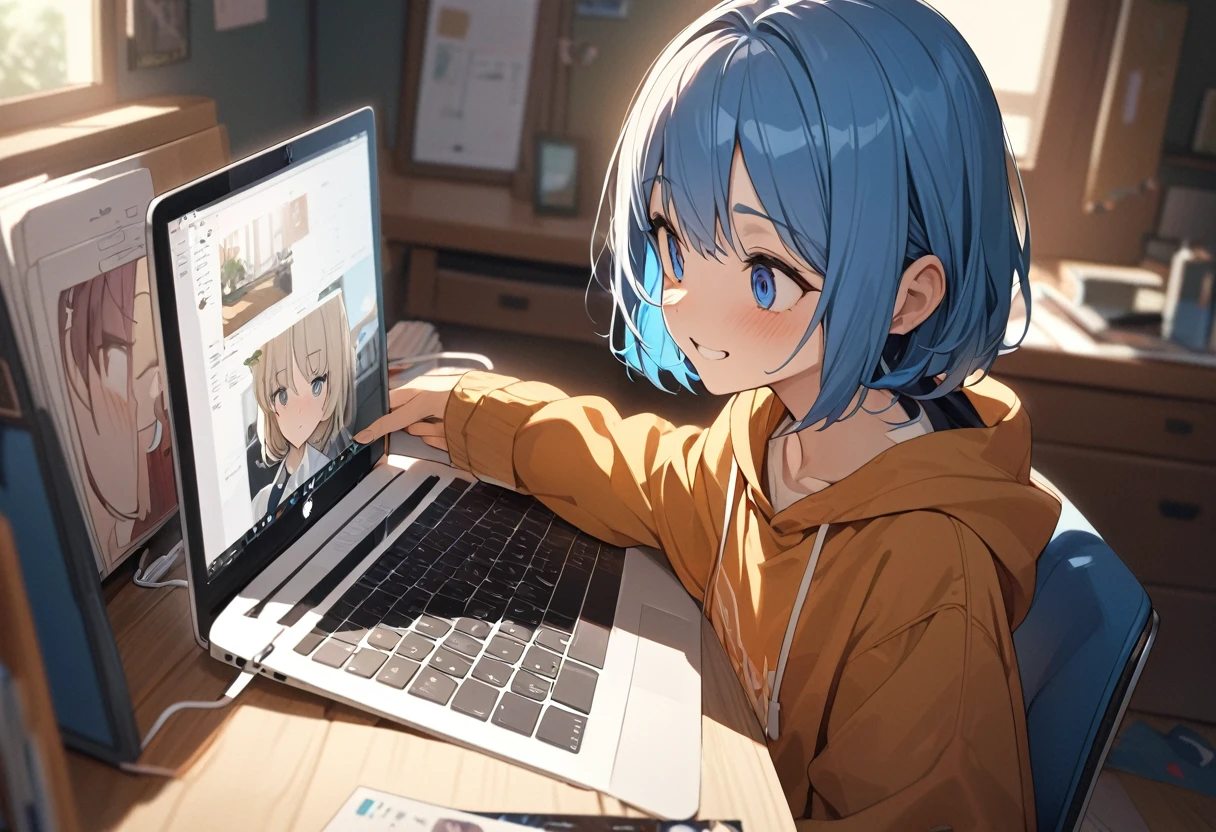 (Highest qualityのイラスト:1.2), (pretty girl:1.1), (1 girl、17 years old、whole body),(1 girl、smile、Round eyes:1.2)、Bright blue hair、Short Bob Hair、Medium chest、Troubled face、masterpieceサイドライト、masterpiece、Highest quality、detailed、High resolution illustrations), I use a MacBook