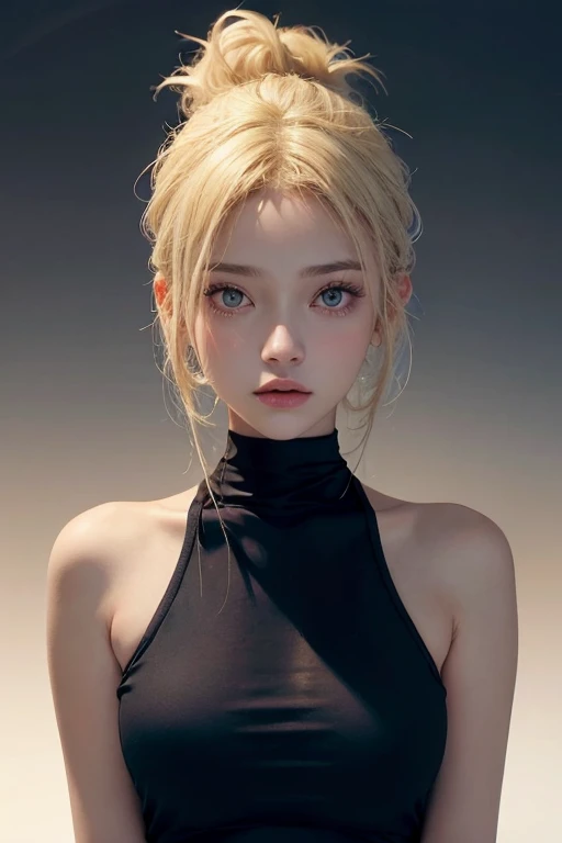 A 20-year-old female, Blonde, (High-top gradient:1.3), Dark theme, Soothing Tones, Soft colors, High contrast, (Natural skin texture, Surrealism, Soft Light, sharp)