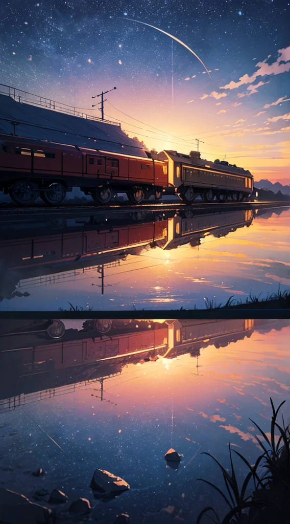 High quality masterpiece, landscape, Animated train passing through water on the tracks, Bright starry sky. Romantic Train, Pixiv, Concept Art, Lofi Art style, reflection. by Makoto Shinkai, Lofi Art, Beautiful anime scene, Anime landscape, 詳細なlandscape —幅672, in Makoto Shinkai's Style, Makoto Shinkai's Style, Enhanced Details.