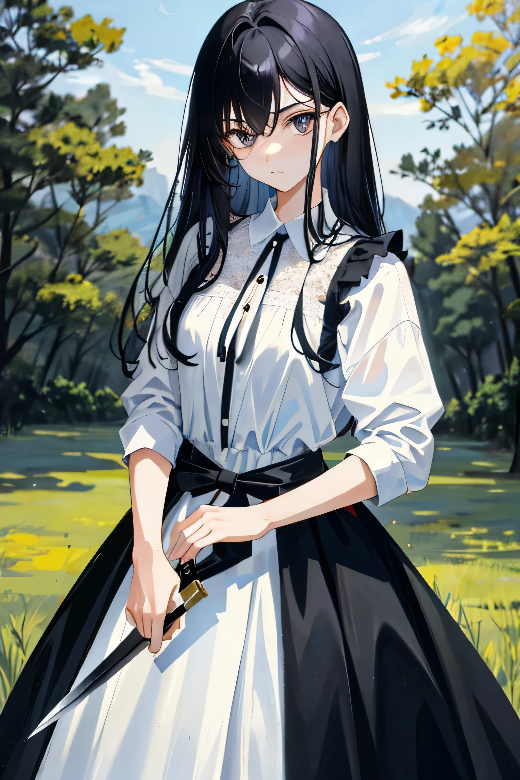 Black Hair、Serious man,stern eyes、Black pupil、Carrying a long knife at the waist、Dress simply、The background is a grassland