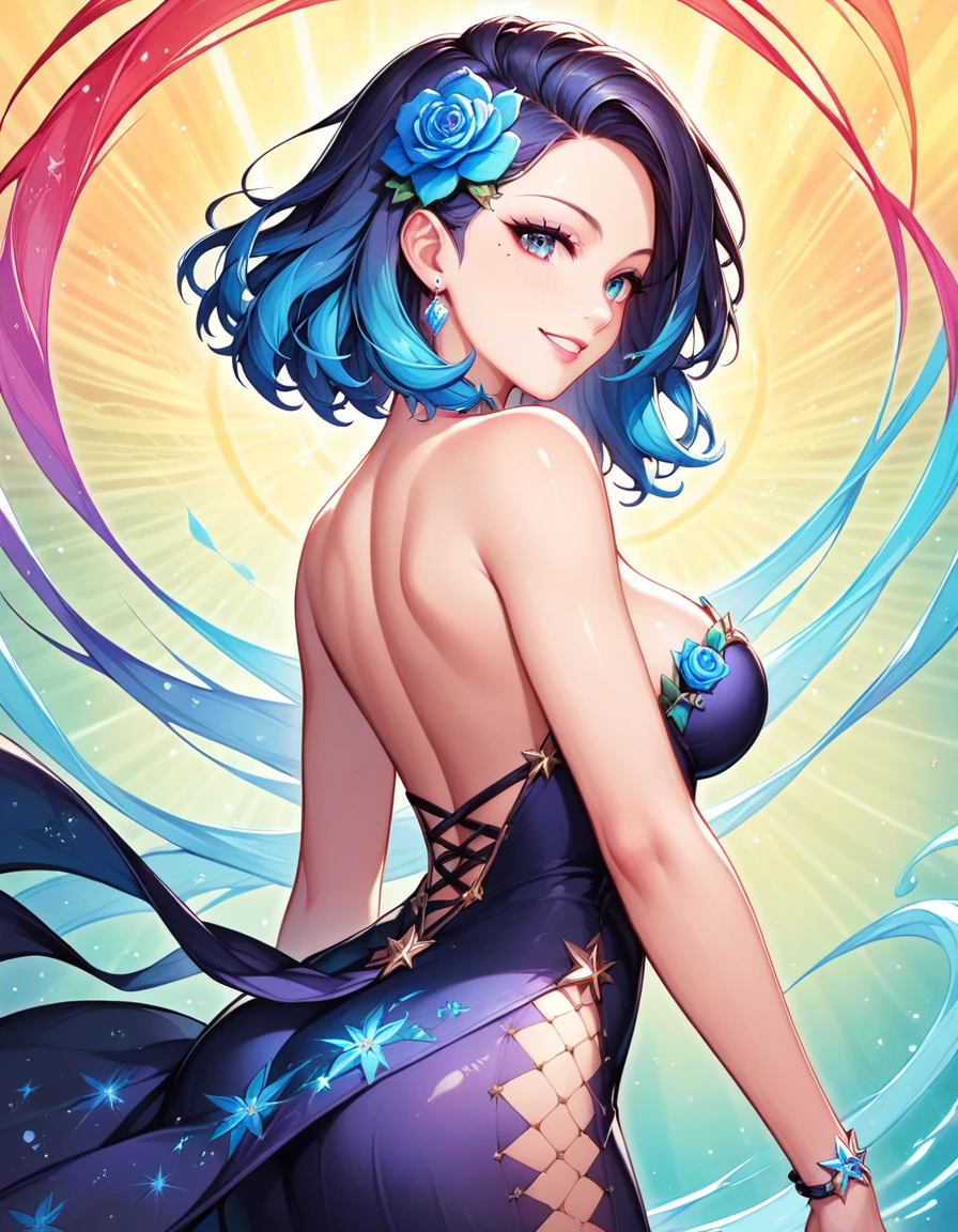 (Masterpiece, top quality, best quality, official art, Beauty and aesthetics: 1.2), (1 girl: 1.3), very detailed, (fractal art: 1.2), colorful, highest detail, (zentangle: 1.2), (dynamic pose), (abstract background: 1.5), (three-layer dress: 1.2), (shiny skin), (multiple colors: 1.4), upper body, transparent gauze, bare shoulders, blooming flower field, glowing skin, light smile, sexy, bust, naked, from below, butt up waiting up