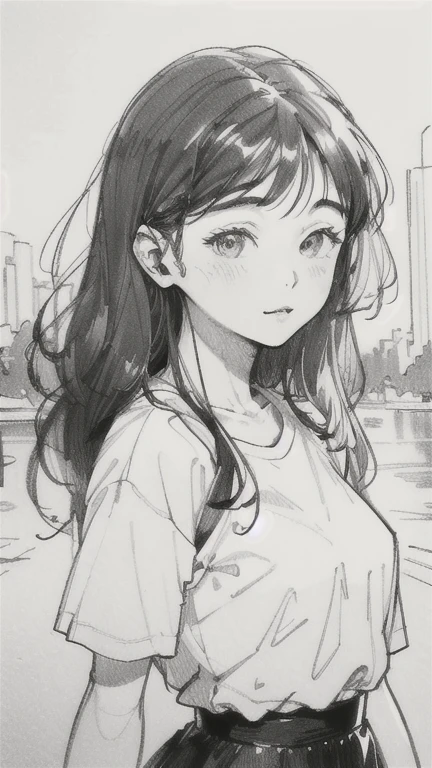 One Girl,Line art,Monochrome,sketch,Pencil drawing,Traditional Media,One Girl, skirt,Cute Teenage Girls, ,Beautiful portrait、Delicate body、Black Hair、Black Hair,landscape