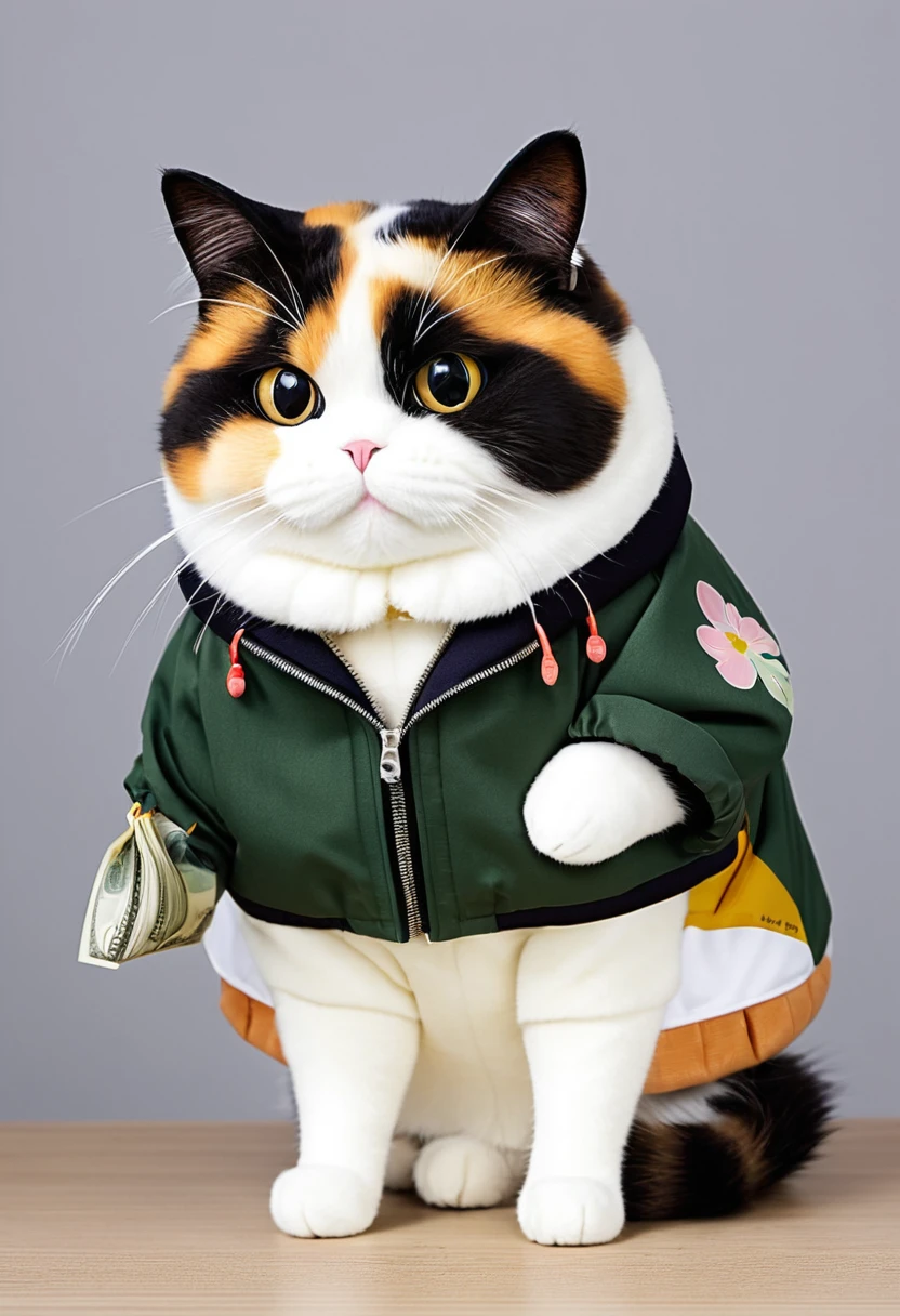 Adorable fat calico cat　He is wearing a jacket and holding a 10,000 yen bill