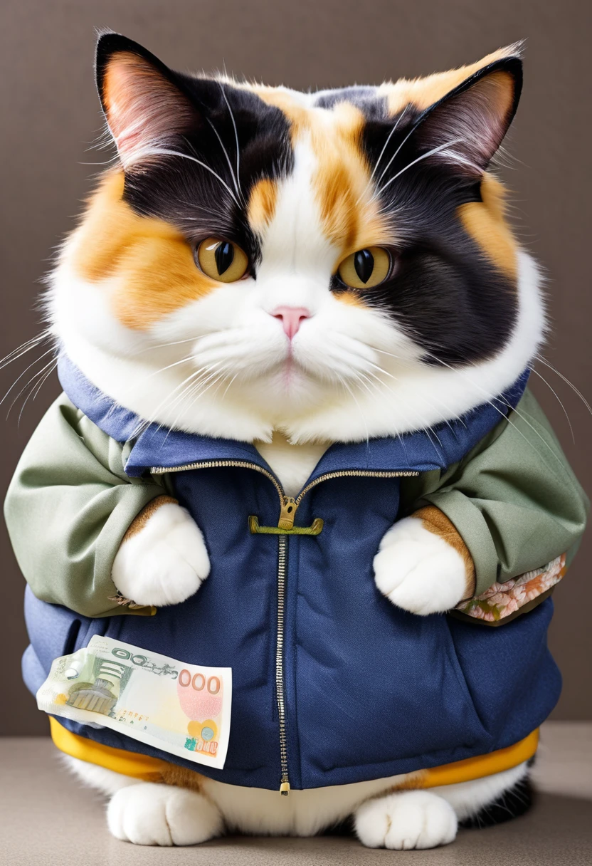 Adorable fat calico cat He is wearing a jacket and holding a 10,000 yen bill