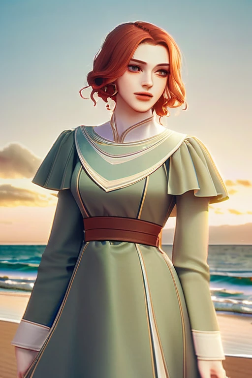((Лучшее качество)), ((шедевр)), (подробный), Big-breasted redhead on the beach