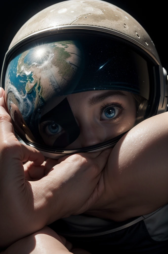 The astronaut stops for a moment, looking at the lunar horizon. He adjusts his position so that planet Earth is perfectly aligned behind him. The contrast between the lunar immensity and the fragile beauty of our home planet is palpable. The camera captures your face through the helmet visor, revealing a mix of admiration and reflection. He raises his hand in an almost involuntary gesture, as if trying to touch the planet that seems so close and, ao mesmo tempo, so far.