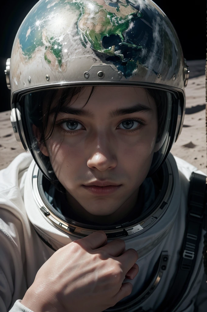 The astronaut stops for a moment, looking at the lunar horizon. He adjusts his position so that planet Earth is perfectly aligned behind him. The contrast between the lunar immensity and the fragile beauty of our home planet is palpable. The camera captures your face through the helmet visor, revealing a mix of admiration and reflection. He raises his hand in an almost involuntary gesture, as if trying to touch the planet that seems so close and, ao mesmo tempo, so far.