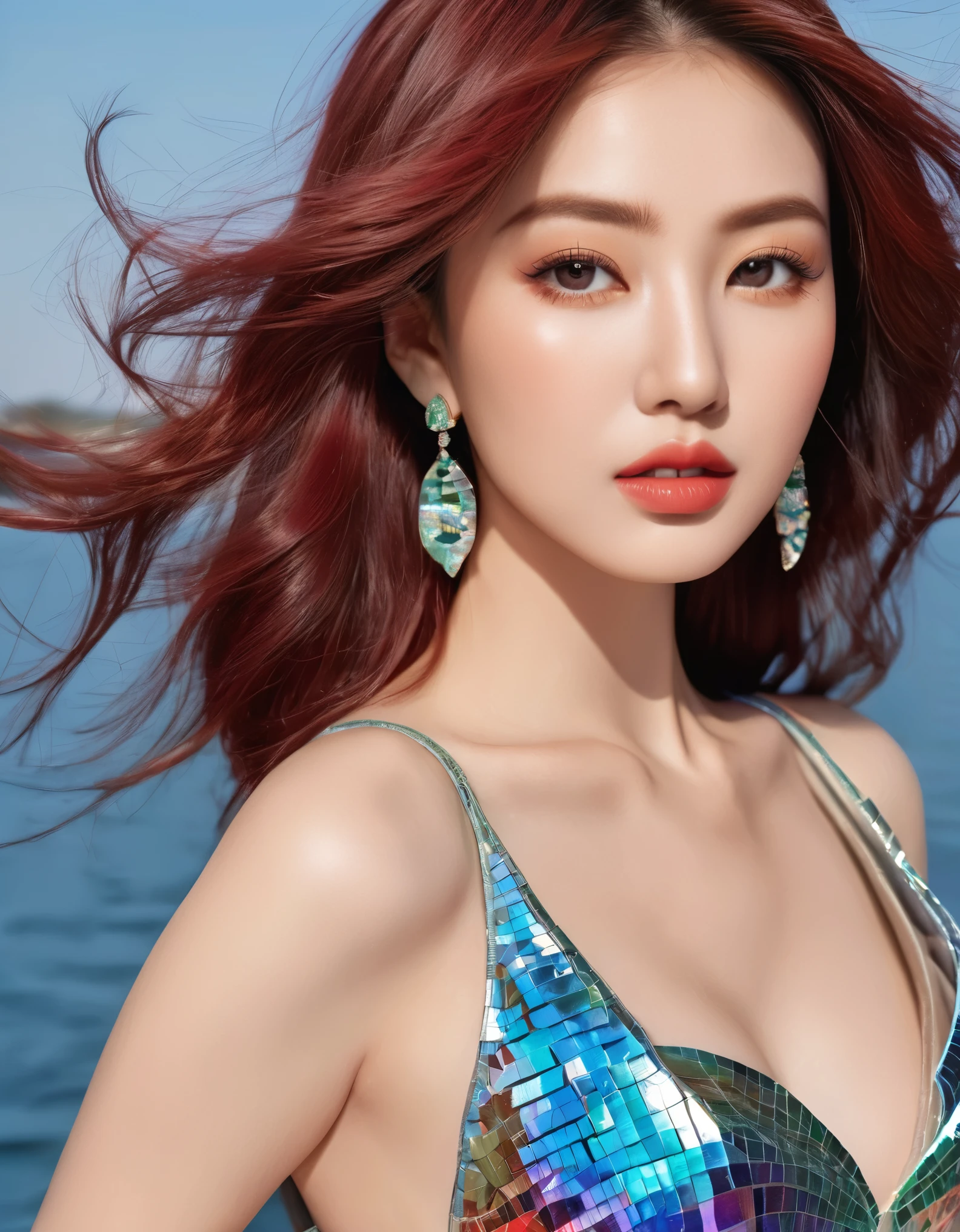 (masterpiece:1.3), (extremely intricate:1.2), (extremely delicate), (Hyper realistic photo:1.3), (modelshoot style), extremely detailed, 16k wallpaper, UHD, HDR, RAW photo, dslr, puffy lips, long diamond earrings, (Japanese beauty Japanese mixed:1.2), (realistic skin:1.4), (sweaty:1.1), thick thighs:1.1, narrow :1.1), (Crimson Red hair, voluminous 80 big hair:1.3), emerald green eyes, red eyeshadow, red lips, mouth open, eyes_smile, (holographic iridescent metallic short blue latex dress:1.6), (sunlight_on_front_face:1.3), makeup, ultra detailed irises, perfect eyes, perfect face, detailed face, (A picture of a woman and hotel:1.5), (distant full body:1.5), view from behind