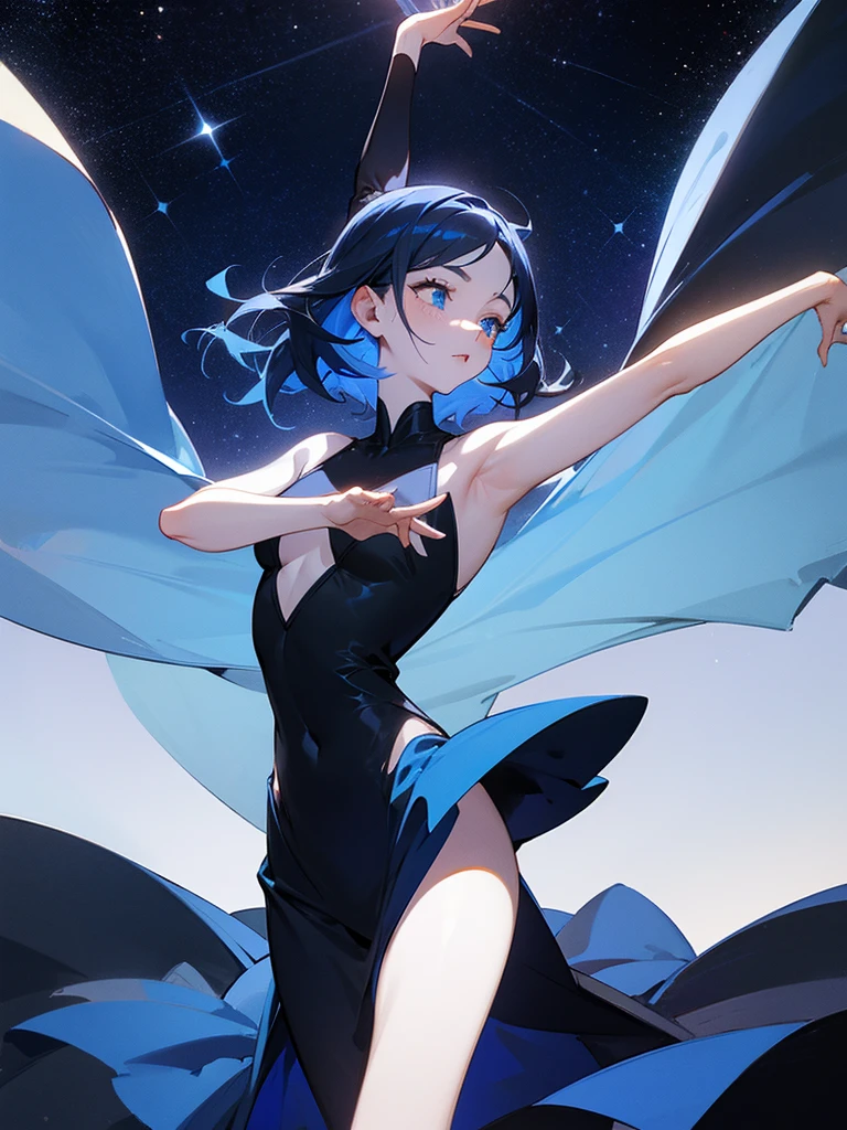1woman, blue indigo hair, azur blue eyes, pale skin, freckles, black and royal blue ballerina dress, ballerina, arabesque pose, starry background,medium hair, medium chest