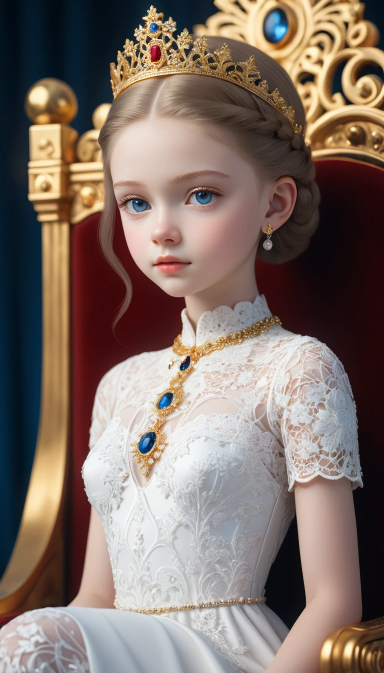 ((Bokeh:1.5)),((Soft focus:1.5)),, The Childlike queen, sitting on the throne, highly detailed tall throne, stunning beautiful young albino girl,, alabaster skin, very short brown hair,((Slicked back hair)),(head chain with jewelry stone),((viewed from side:1.2)), (looking at viewer:1.5), white royal dress, Beautiful blue eyes, soft expression, Depth and Dimension in the Pupils, She wears white delicate fractal pattern lace dress, , creating a sense of movement and depth. ,3d toon style
