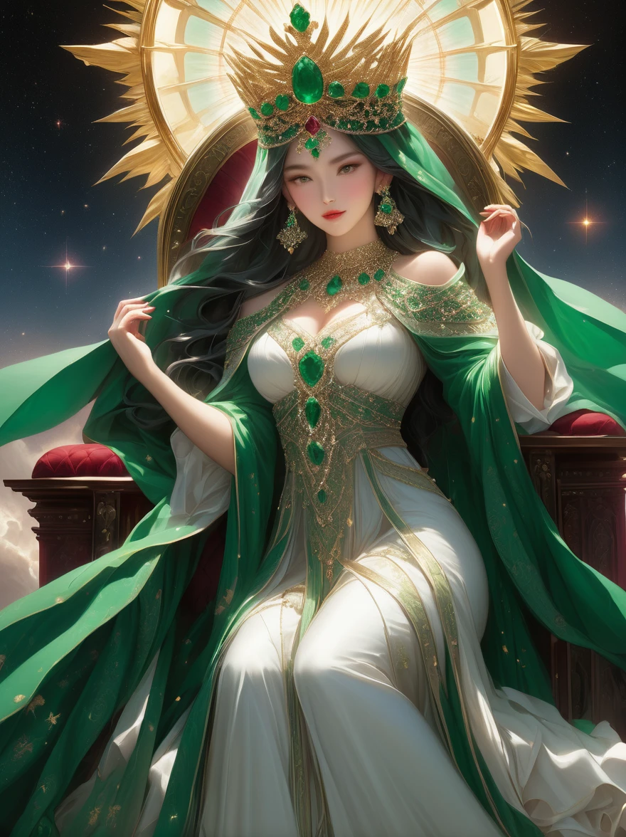 A magnificent(Seat of Power:1.3)Scenes,(1 The girl sat majestically on a throne made of emeralds and rubies),Behind her is a huge canopy,Towering into the sky,Made of equally impressive jewellery,The universe forms the backdrop for this gorgeous scene,She exudes noble elegance,Her attire is reminiscent of the robes worn by priests.,But the authoritative position,In her hand she holds a sword forged of emeralds and rubies,Represents her strength and leadership,She wore a radiant crown on her head,It is adorned with the most brilliant jewels,Creating a celestial halo around her,When the sun shines in the background,She exudes overwhelming energy.,There's crackling electricity all around,Demonstrated her authority,A white smoky veil shrouds her,Symbolizes the Holy Spirit,and emphasized her status and divine connection,这一Scenes体现了她令人敬畏的存在,Strong and authoritative