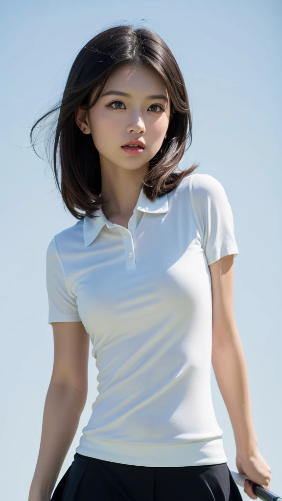 (((forehead、Northern Europe、White people、beautiful girl、Black Hair、White background、Professional Golfer、Golf Wear)))、table top, highest quality, figure, super detailed, finely, High resolution, 8k wallpaper, Perfect dynamic composition, detailed and beautiful eyes, Deco out,bionde, medium hair, super big breasts, Natural color lip,white background, random cute poses,frill dress