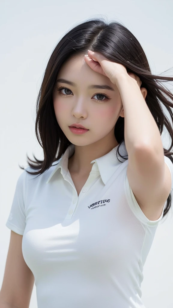 (((forehead、Northern Europe、White people、beautiful girl、Black Hair、White background、Professional Golfer、Golf Wear)))、table top, highest quality, figure, super detailed, finely, High resolution, 8k wallpaper, Perfect dynamic composition, detailed and beautiful eyes, Deco out,bionde, medium hair, super big breasts, Natural color lip,white background, random cute poses,frill dress