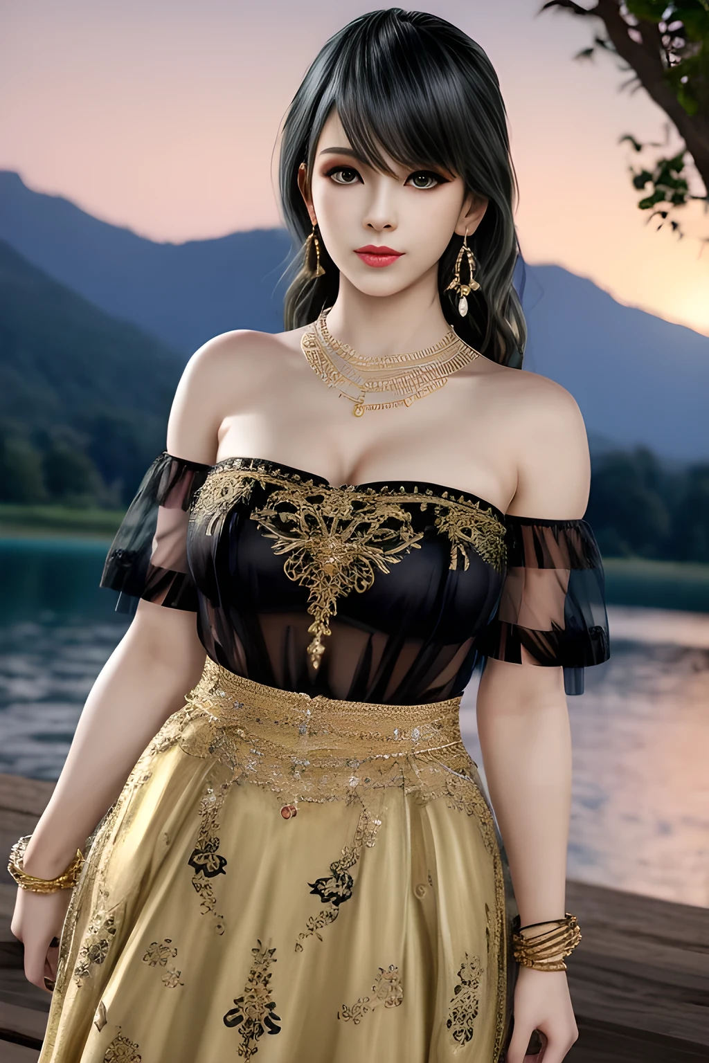 1girl,wore a black semi-transparent dress with a delicate floral pattern on the skirt. Her skirt was elegantly designed with puff sleeves and a deep V-neckline, which made her look very stylish and charming. She wore some golden accessories, including a long necklace and earrings, which added to the gorgeousness of the overall look. The background was a beautiful lake with sparkling water and green mountains and trees in the distance, showing the beauty of tranquility and nature,, beautiful detailed eyes, beautiful detailed lips, extremely detailed eyes and face, long eyelashes, best quality, 4k, 8k, highres, masterpiece, ultra-detailed, realistic, photorealistic, photo-realistic, ethereal glow, regal elegance, intricate details, luxurious, otherworldly beauty, dark atmospheric background, supernatural aura,tamaki