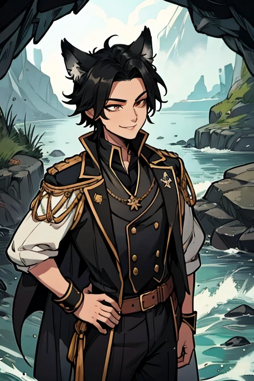 A handsome black haired foxman with golden eyes with black fox ears and a black fox tail in a pirate's uniform is exploring a sea cave with a big smile