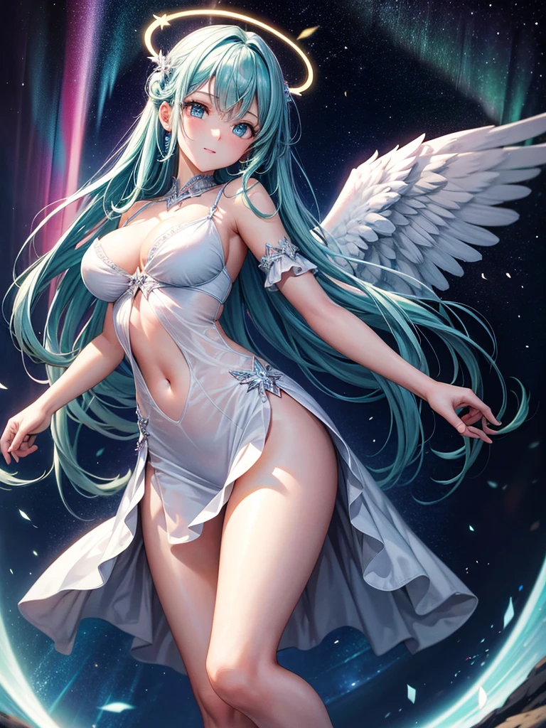 Highest quality,Highest Resolution,Sexy Angel,Aurora,Night Sky,Halo,thrust both hands forward,looking at the camera,front,whole body,