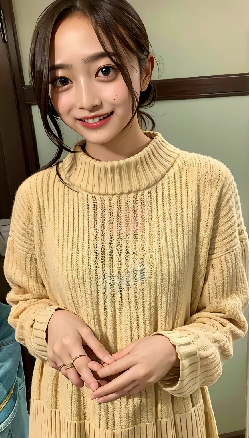 (cowboy shot),Ultra-high resolution,big eyes,(brown eyes),Japanese,(forehead),(a girl),(1 girl),(()),(cute),pretty,((facing at viewer)),arms behind back,grin,street