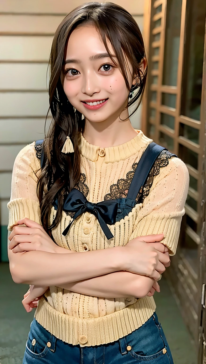 (cowboy shot),Ultra-high resolution,big eyes,(brown eyes),Japanese,(forehead),(a girl),(1 girl),((17 years old)),(cute),pretty,((facing at viewer)),arms behind back,grin,street