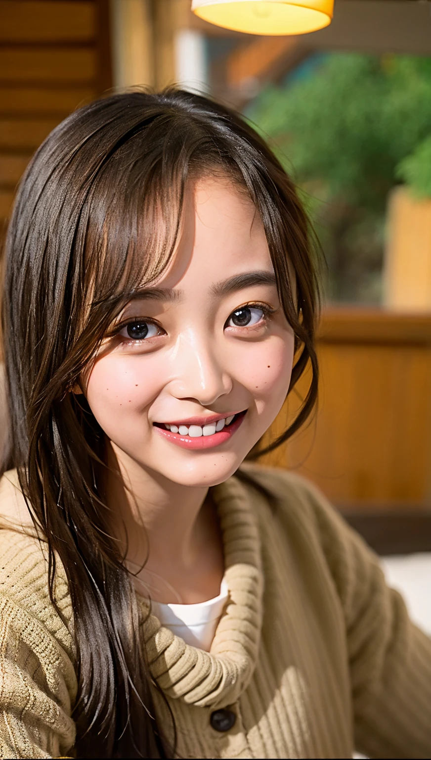(cowboy shot),Ultra-high resolution,big eyes,(brown eyes),Japanese,(forehead),(a girl),(1 girl),((17 years old)),(cute),pretty,((facing at viewer)),arms behind back,grin,street