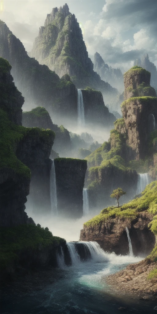 masterpiece, best quality, high quality, extremely detailed CG unity 8k wallpaper, scenery, outdoors, sky, cloud, day, no humans, mountain, landscape, water, tree, blue sky, waterfall, cliff, nature, lake, river, cloudy sky,award winning photography, Bokeh, Depth of Field, HDR, bloom, Chromatic Aberration ,Photorealistic,extremely detailed, trending on artstation, trending on CGsociety, Intricate, High Detail, dramatic, art by midjourney