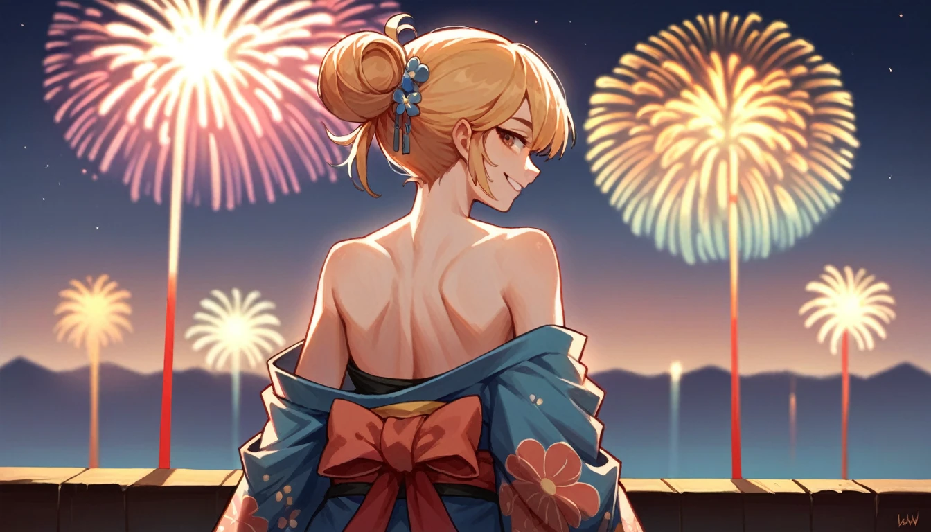 score_9, score_8_up, score_7_up, source_anime, from behind, solo, 1girl, odelschwanck, smile, looking back, random color kimono, off shoulder, bare shoulders, backboob, Fireworks nsfw