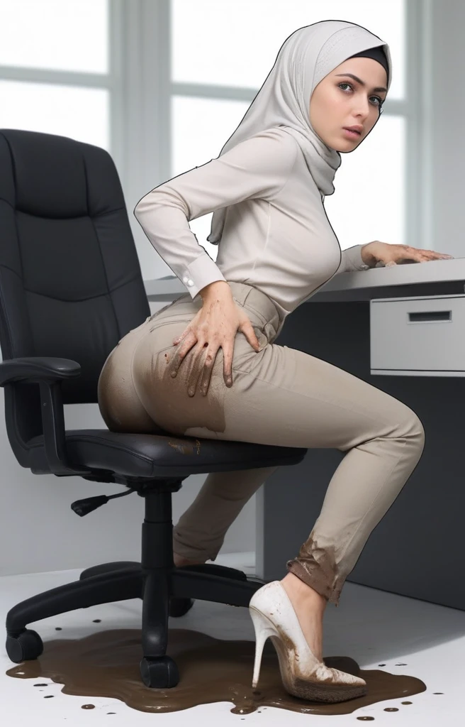 Ultra-realistic, 4k, 1girl, slim face, pretty face, cute eyes, skinny body, wearing white hijab, white chino pants, tight long sleeve classic buttoned shirt, white heels, nervous facial expressions, very sweaty, both hands on ass, in office, near the office chair, dirty office chair, dirty pants, dirty clothes, sweaty clothes, (((make the whole image filthy and dirty))), (((mud overflowing from pants))), stinky atmosphere, filthy atmosphere, mud on pants, disgusting office, too much mud on pants