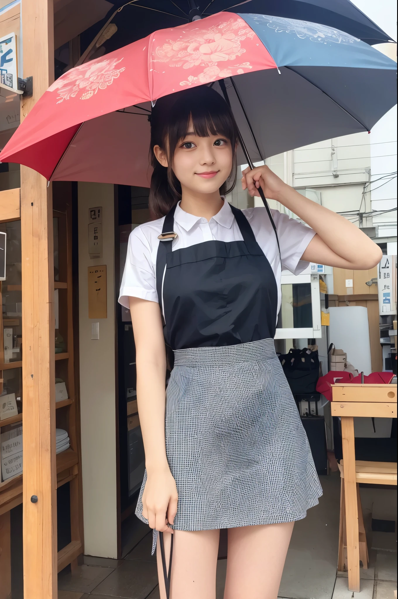 21 years old girl (Japanese cute face) wearing mini skirt and apron and working at umbrella shop