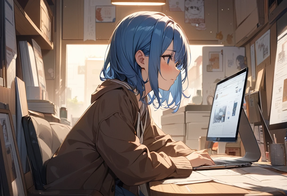 (Highest qualityのイラスト:1.2), (pretty girl:1.1), (1 girl、17 years old、whole body),(1 girl、Round eyes)、Bright blue hair、Short Bob Hair、Medium chest、Troubled face、masterpieceサイドライト、masterpiece、Highest quality、detailed、High resolution illustrations),　I use a MacBook