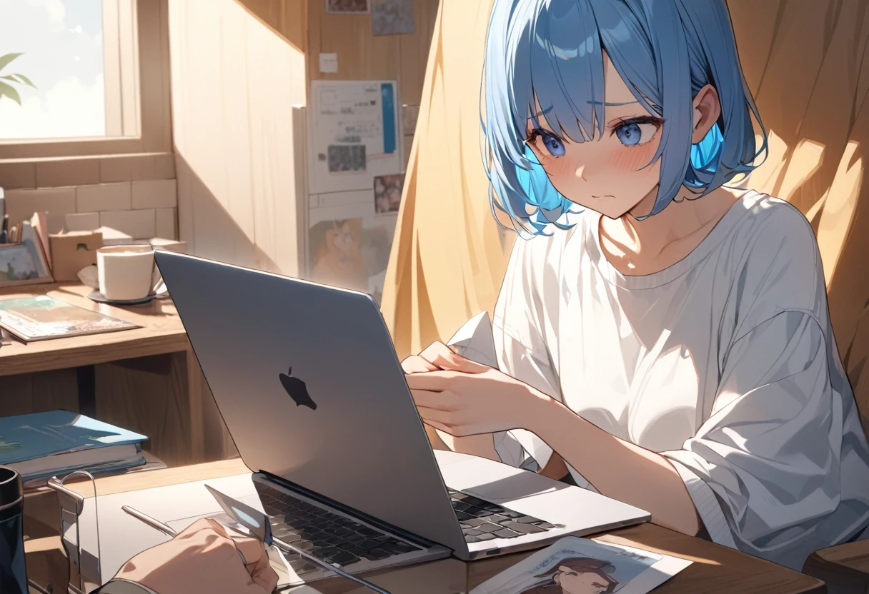 (Highest qualityのイラスト:1.2), (pretty girl:1.1), (1 girl、、whole body),(1 girl、Round eyes)、Bright blue hair、Short Bob Hair、Medium chest、Troubled face、masterpieceサイドライト、masterpiece、Highest quality、detailed、High resolution illustrations), I use a MacBook