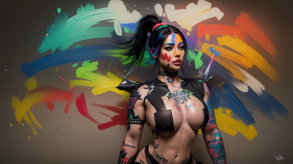 ((zoom in) Create a scene of a large wall painted with colorful paints simulating tattoos illuminated with neon by drawing the title Ai, ai my love