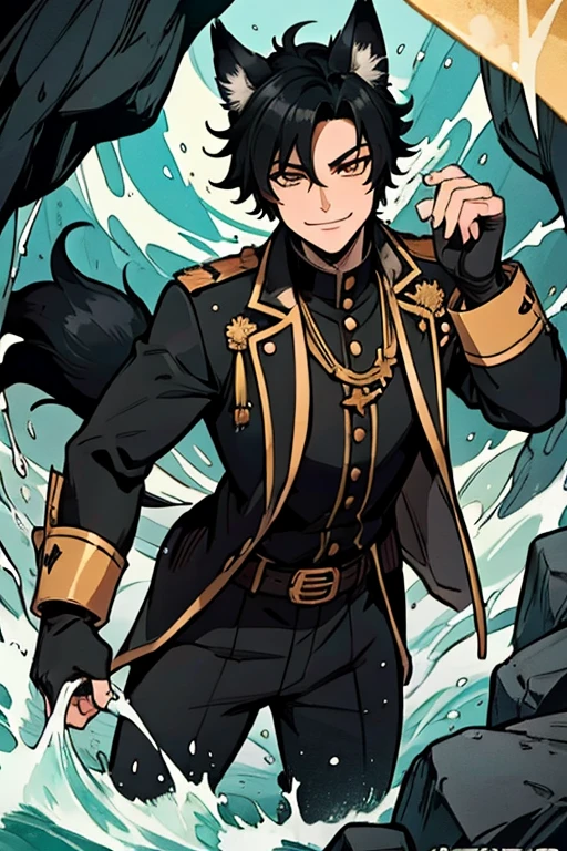 A handsome black haired foxman with golden eyes with black fox ears and a black fox tail in a pirate's uniform is exploring a sea cave with a big smile