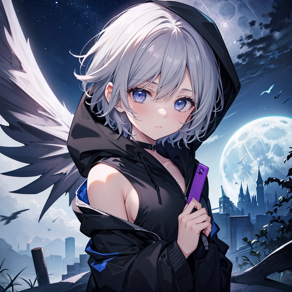 (((grim Reaper))) (((Gray Hair Short Hair blue eyes girl Close-up))),((night full moon My own big wings)),(Wearing a hood Black camisole Purple light), A tense look Shining Background Shining Edge