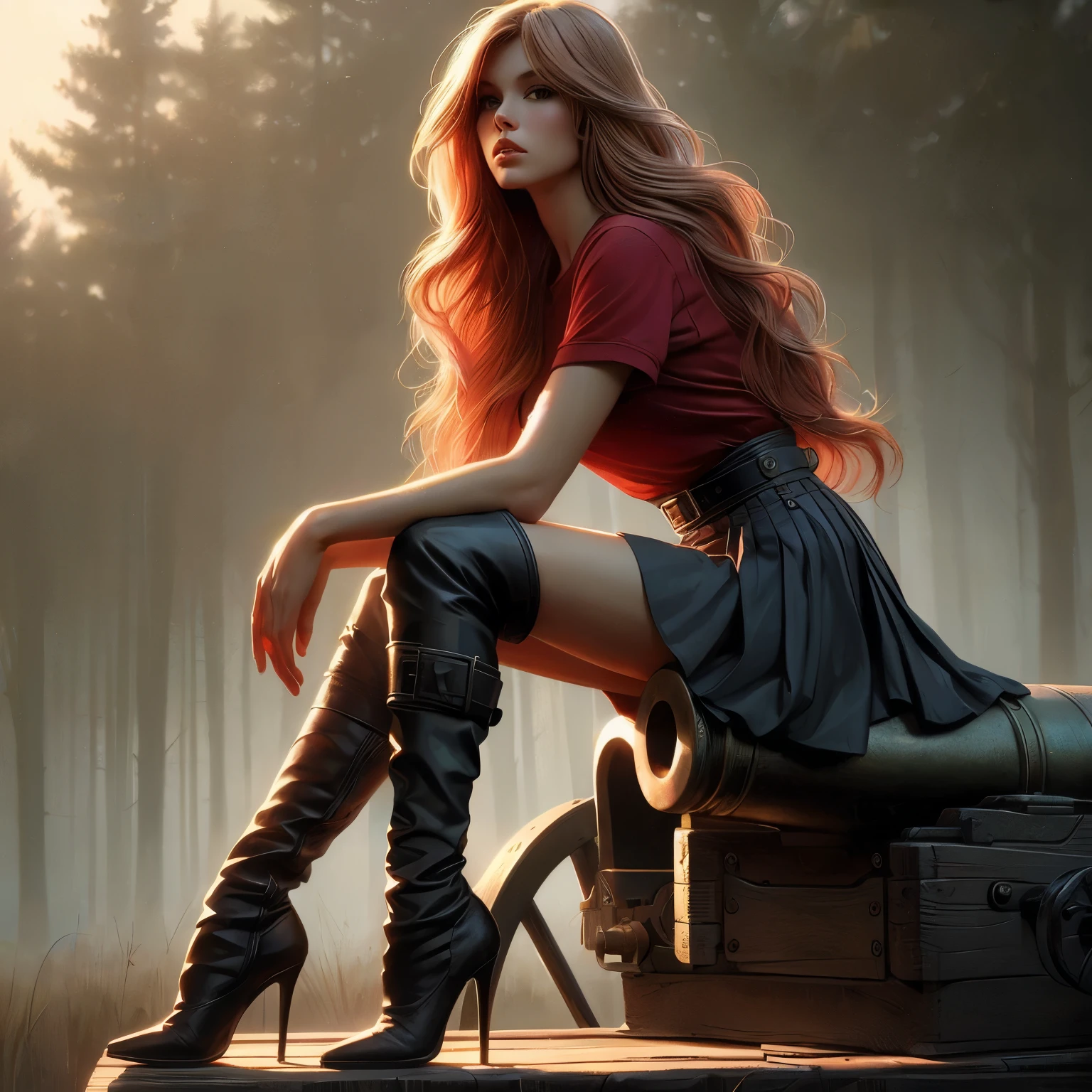 Young woman, solo, long red-blonde hair, skirt, simple background, shirt, blonde hair, high boots, leg upon a brass cannon, forest background, full body, boots, midriff, black high boots, thigh boots, crossed arms, t-shirt, realism art style, Frank Frazetta and Lorenzo Sperlonga art style