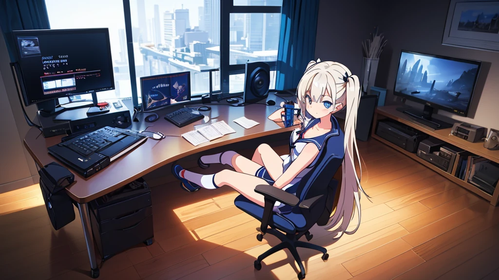 1 beautiful girl, great image quality with lots of detail, ray tracing, in a gaming outfit anime , long stockings, blue eyes, white hair, , in a neon room, PC gaming, perfect anatomy, full body. 