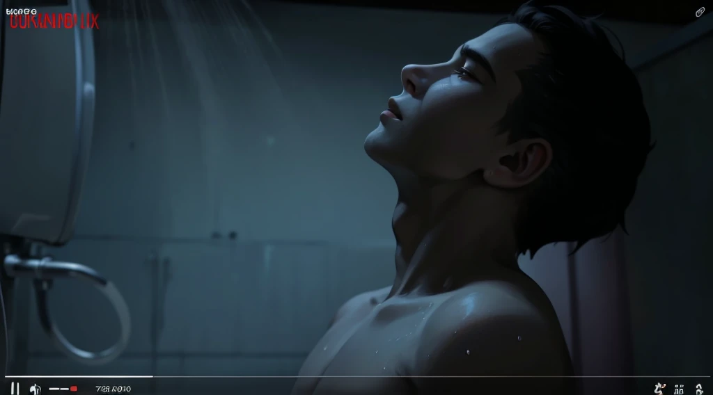 an 18 year old boy with gray hair getting wet with the water from the shower