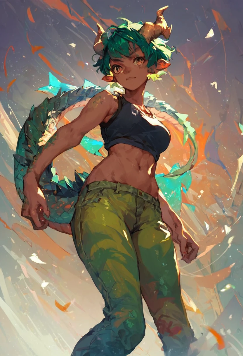 score_9,score_8_up,score_7_up,source_anime,1girl, dark skin, short hair, green hair, dragon horns, dragon tail, scales, poncho, two-tone pants
