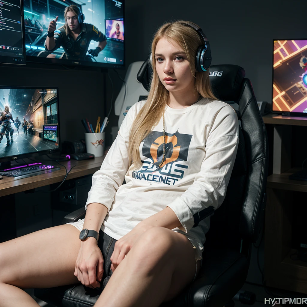 young blonde of 22 years, sitting in a gaming chair, gaming headphones with microphone, hyperrealistic, playing league of legends