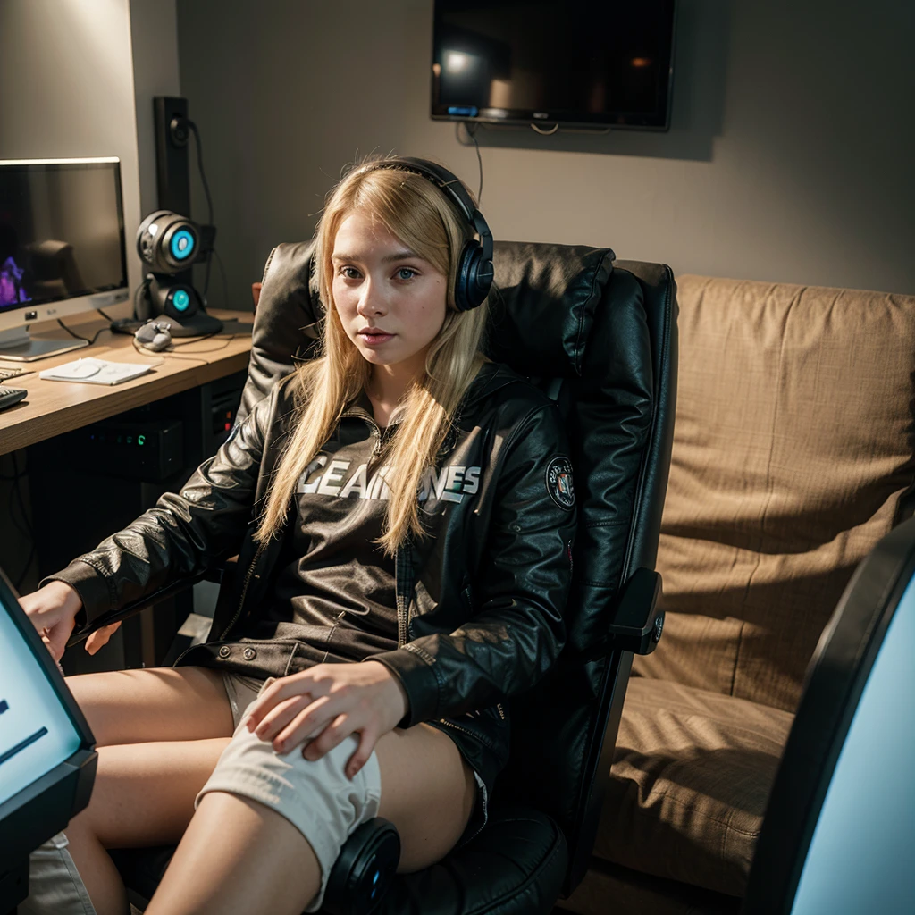 young blonde of 22 years, sitting in a gaming chair, gaming headphones with microphone, hyperrealistic, playing league of legends