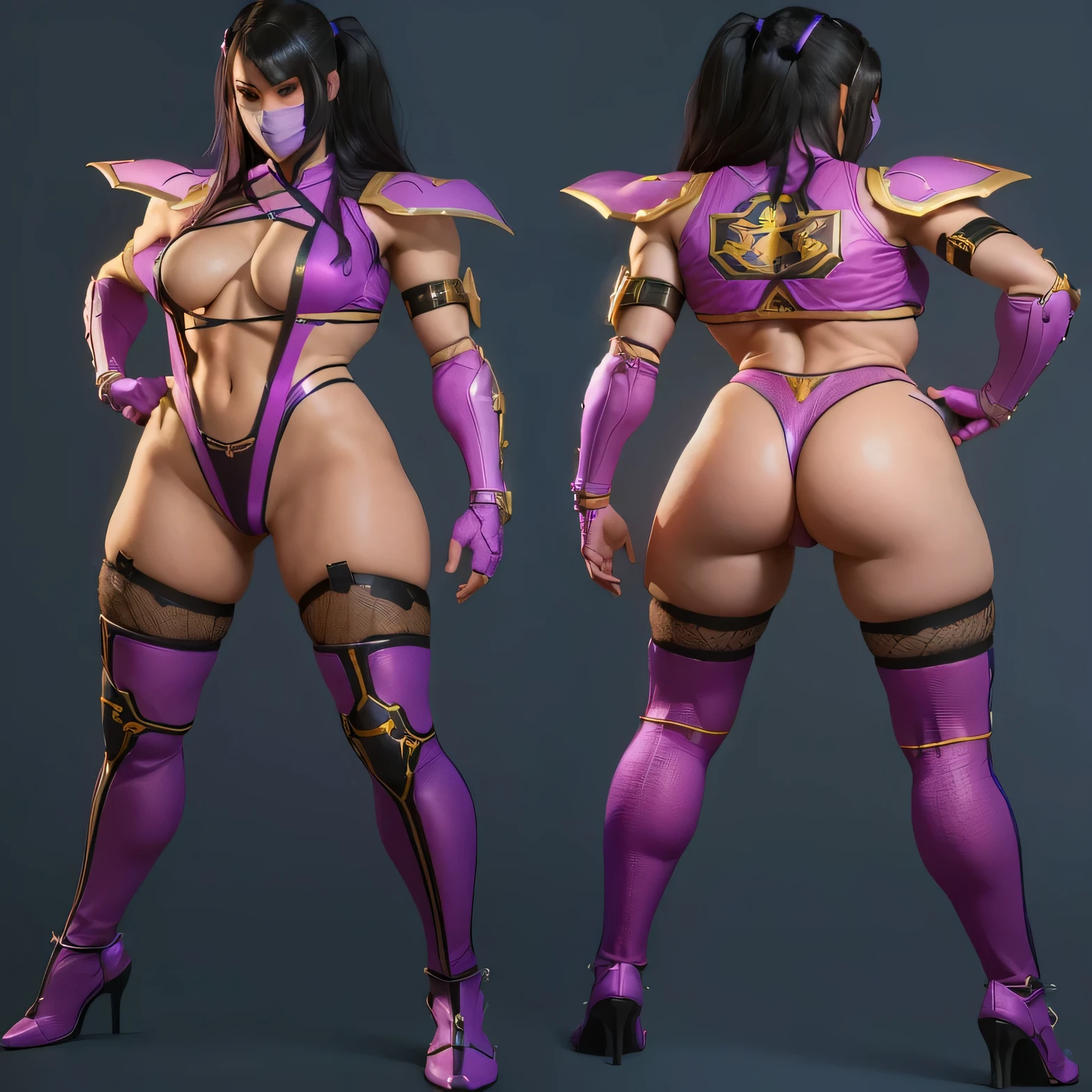 a close up of a person in a purple outfit with a sword, in fighter poses, Juri Han, de Street Fighter, fighting game character, Body highly detailed, character from mortal kombat, photorealistic perfect body, 8k 3D rendering character art, katana zero video game character, 3D Character Cheat Sheet, psylocke, highly detailed full body,ultra realisitic.