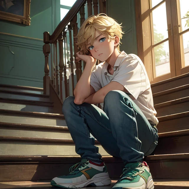 (masterpiece art, high best quality image, very detailed features)
1boy,  teenage boy,nde golden hair, blonde golden eyebrows, fair skin, light blue eyes, thin lips, sad (bordeaux swater, blue jeans, green soccer shoes, green butterfly hairclip)
Sitting in stairs, reflexing, Ottawa Canada, afternoon cloudy day