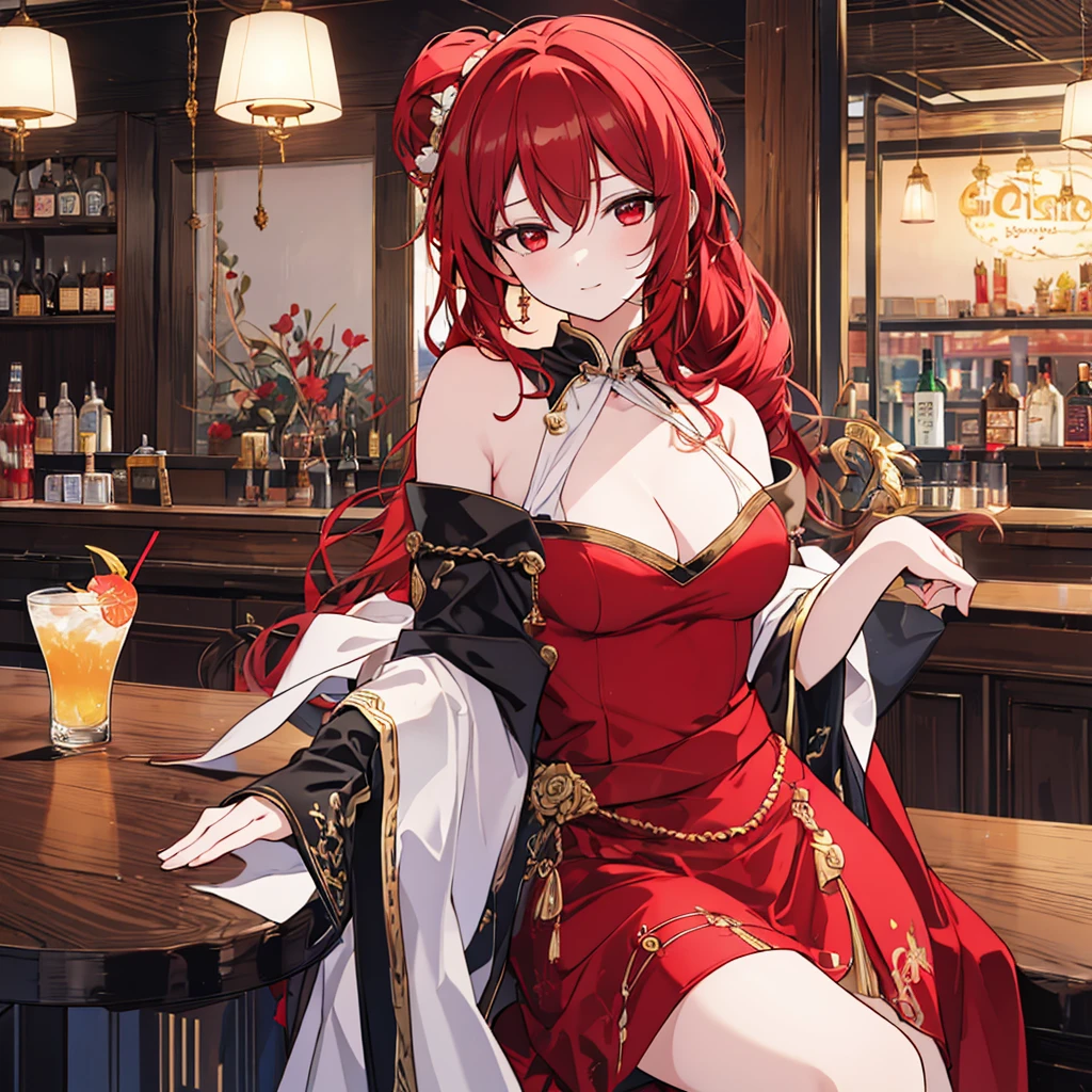 Anime style painting, An illustration, liquor, Woman sitting at a bar drinking a cocktail, 背景の棚には多彩な色のliquor瓶が並んでいる, Quiet bar, Calm expression, Perfect hands, elder, Red Hair, The dignity of a 50-year-old, ほろ酔いのwoman, solo、(Highly detailed background:1.0)、(Highly detailed background:1.0)、masterpiece、Highest quality、(Babes)、Fractal Art、Red eyes、Narrow eyes、Black and red dress, Reddish lips、From the shoulders up、smile、One Woman、Red long ponytail, Curly Hair, Red eyes,Golden accessories, solo, Big Breasts, woman, Take-out, Provocative laughter,40 year old woman,Queen of Sadism, Highly detailed background, Perfect Human Medicine,