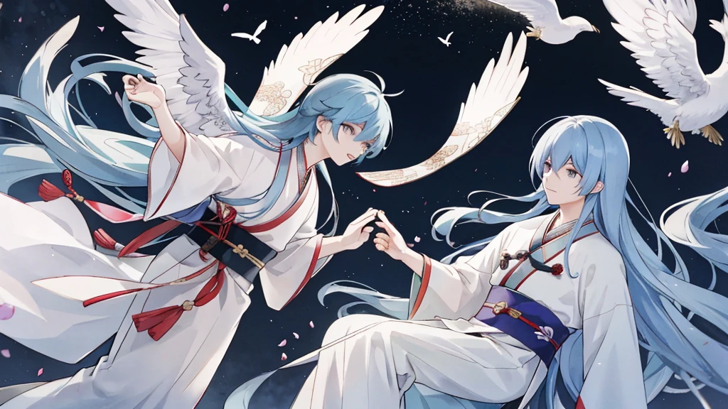 Two oriental men in gorgeous Hanfu，Long hair flying，Immortal&#39;s Appearance，Full body medium shot，Staring at each other firmly，Ethereal beauty，Heavenly Wonderland，The palace gardens shrouded in mist，Soft lighting，Exquisite details。 Traditional Chinese illustration style, The art of math, Dreamy background, masterpiece, best quality, Extremely detailed, high quality, 4K，Wearing Chinese clothing，Holding a lantern，Auspicious Clouds，Behind the huge moon，Warm colors，Abstract screen，Surrealism，Pixar style，the 3 d effect，Disney style，Clear outline light，Rim Light，Fantasy and Magic，spotlight，8K