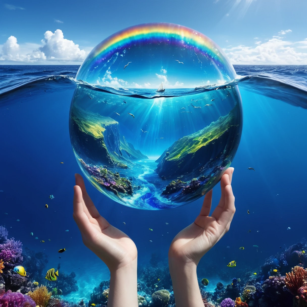 Imagine a gem, blue, Rainbow, Catch your eye. Now look at its depth. The depths are the ocean, A world that does not exist in nature. Inside its blue exterior are people and places beyond our world. Look closely. They waved.

Fantasy style,