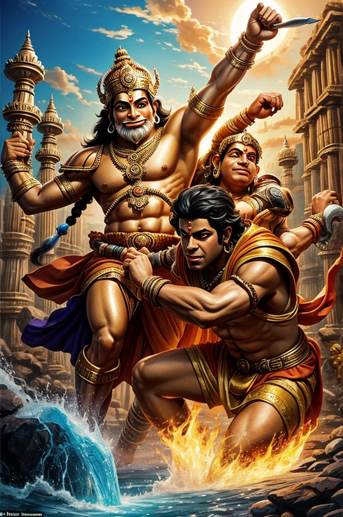 Fantasy art of Sri ram  with hanuman,laxman on battlefield like that of greek gods