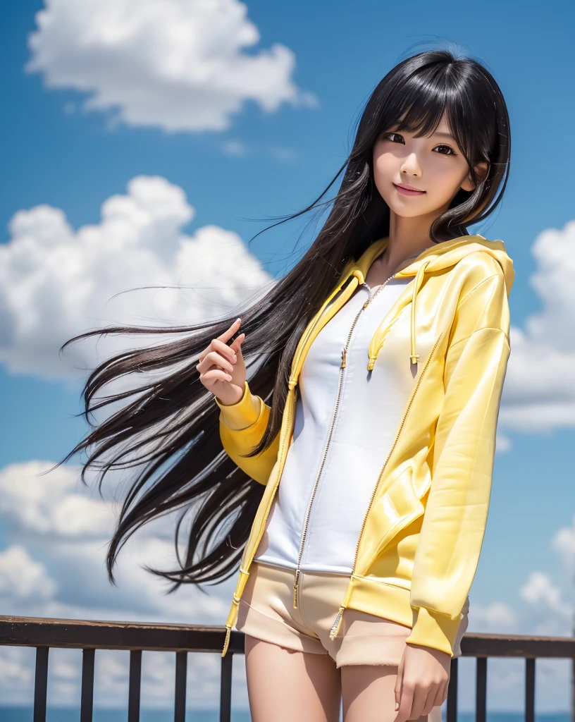 (Highest quality, 32k, High resolution, Masterpiece:1.5), marimo_jet, A girl floating 5000 meters above the ground, Beautiful Japanese Girls, An exceptionally beautiful face, Small Face Beauty, ((whole body:1.2)), Perfect Human Anatomy, Magical big eyes, Motherhood and generosity, Deep Love, fleeting smile, ((Shiny black hair:1.4)), Intricately messy super long straight silk hair, Asymmetrical bangs, Hair between the eyes, Transparent, soft white skin, Sharp eyebrows, Thin lashes, Natural Makeup, Cheek highlighter, Pale pink detailed lips, ((Yellow zip hoodie with front open:1.3)), ((Denim shorts:1.2)), High resolutionの完璧な鎖骨, High resolutionの美しい胸元, Slim figure with ample breasts, High resolutionの美しい太もも, ((Detailed sky background:1.2)), Professional Lighting, Professional photographer, Professional models, mysterious